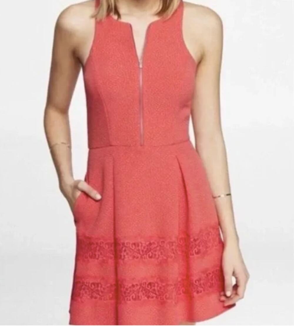EXPRESS NWT Coral Pink High Neck Fit & Flare Skater Dress // 8
